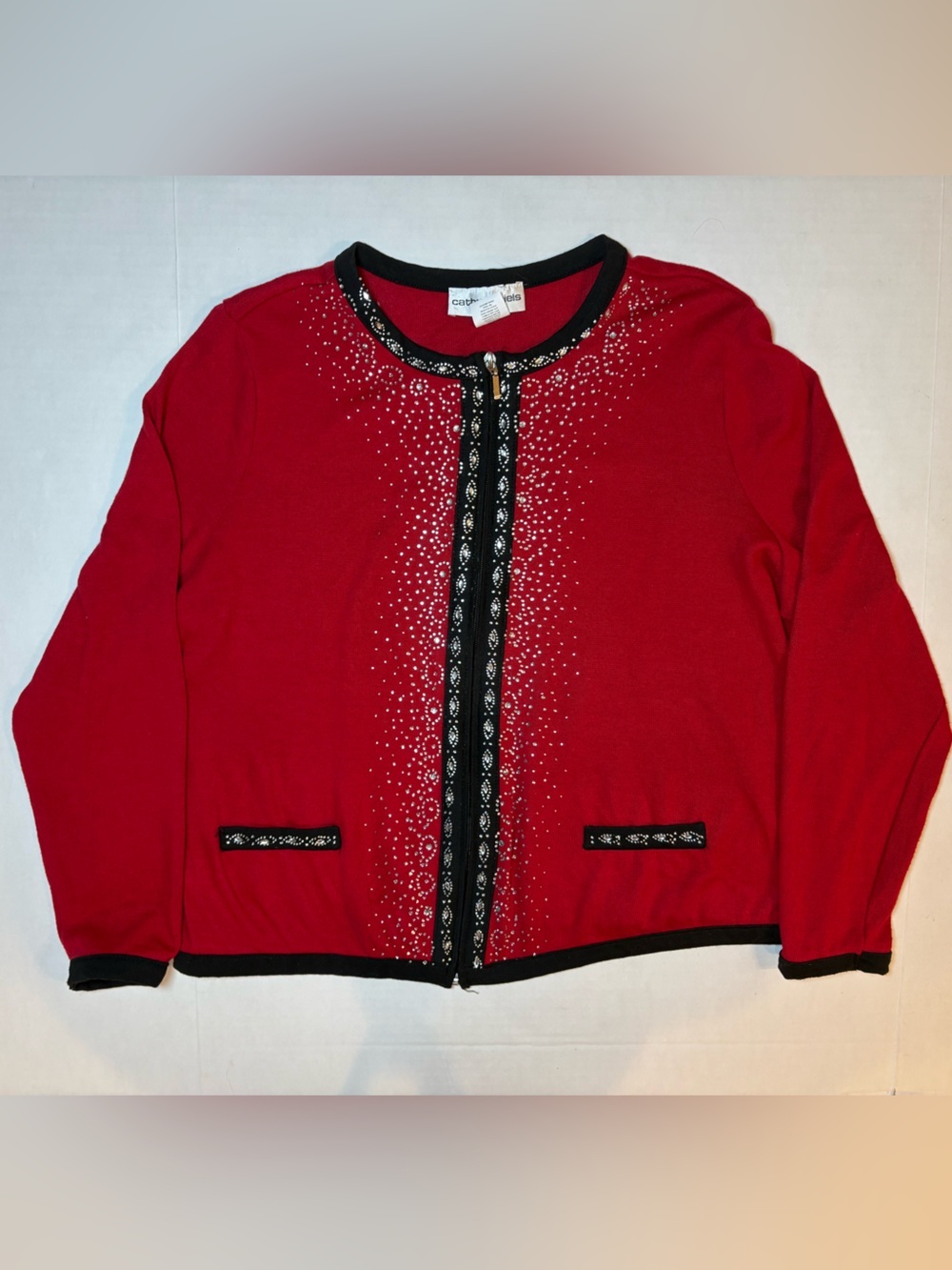 Cathy Daniels Red Full Zip Cardigan Black Trim Rhinestones Grandmacore Size L
